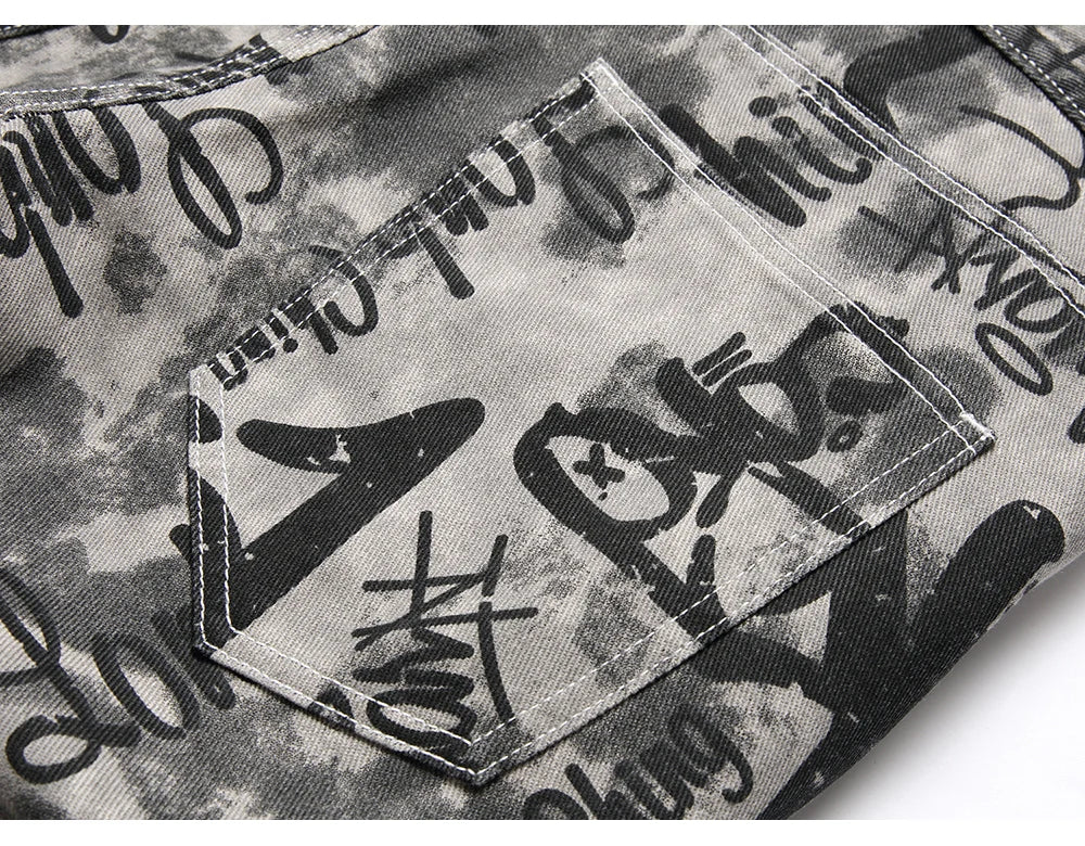 Men Graffiti Print Jeans Fashion Painted Stretch Cotton Denim Pants Slim Straight Trousers
