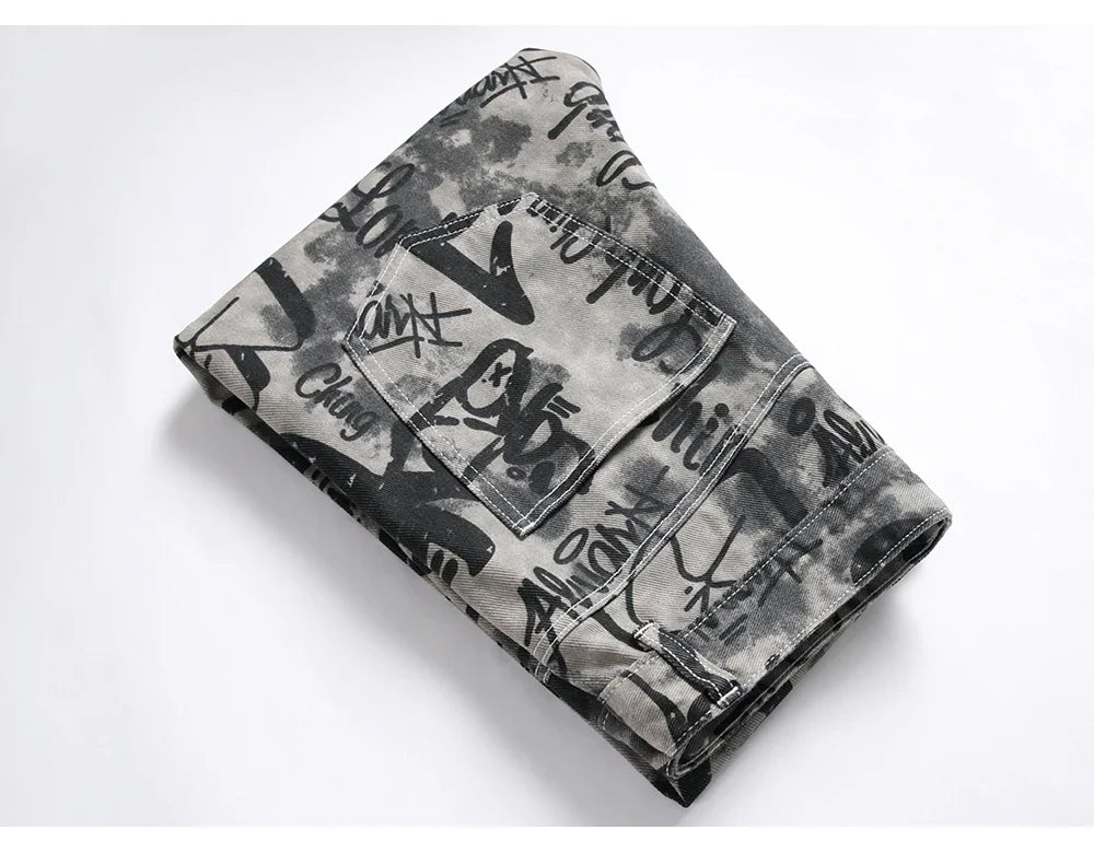 Men Graffiti Print Jeans Fashion Painted Stretch Cotton Denim Pants Slim Straight Trousers
