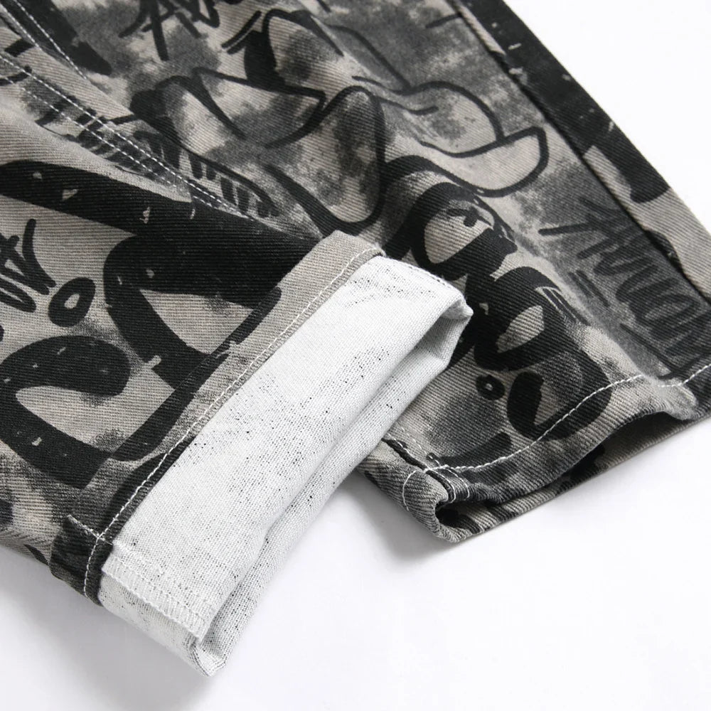 Men Graffiti Print Jeans Fashion Painted Stretch Cotton Denim Pants Slim Straight Trousers