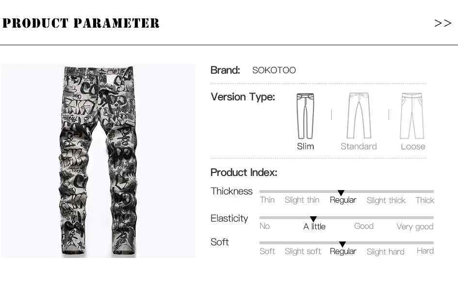 Men Graffiti Print Jeans Fashion Painted Stretch Cotton Denim Pants Slim Straight Trousers