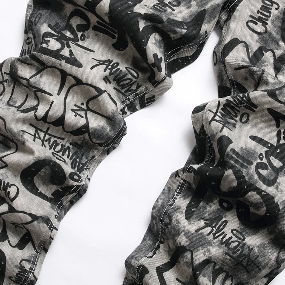 Men Graffiti Print Jeans Fashion Painted Stretch Cotton Denim Pants Slim Straight Trousers