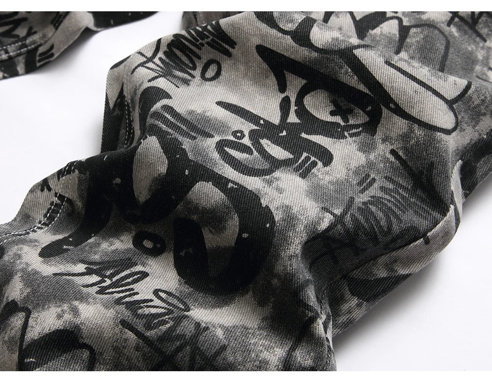 Men Graffiti Print Jeans Fashion Painted Stretch Cotton Denim Pants Slim Straight Trousers