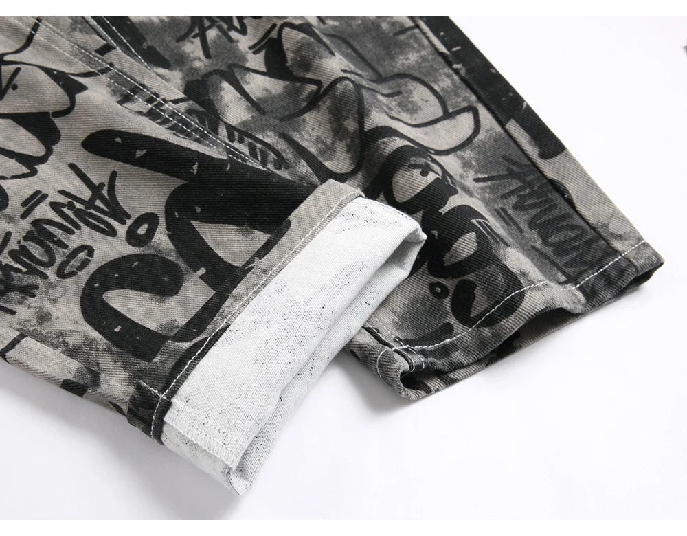 Men Graffiti Print Jeans Fashion Painted Stretch Cotton Denim Pants Slim Straight Trousers