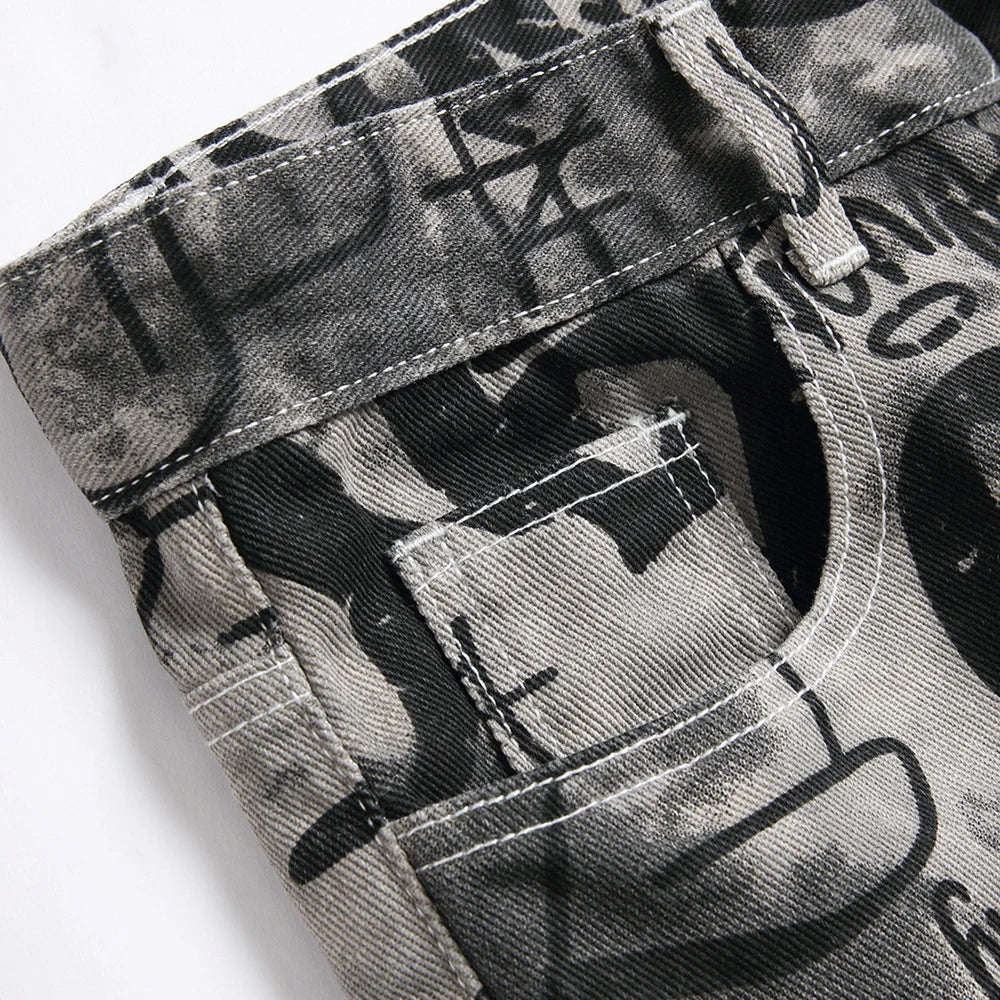 Men Graffiti Print Jeans Fashion Painted Stretch Cotton Denim Pants Slim Straight Trousers