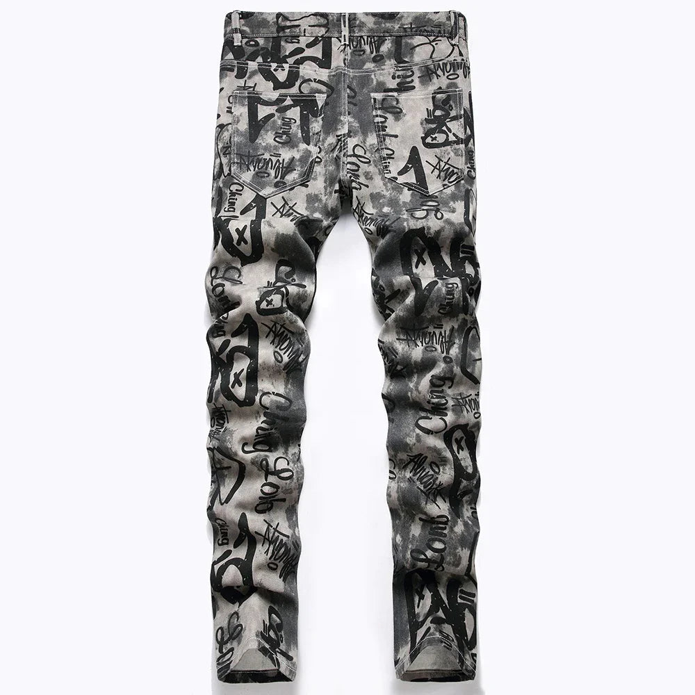 Men Graffiti Print Jeans Fashion Painted Stretch Cotton Denim Pants Slim Straight Trousers