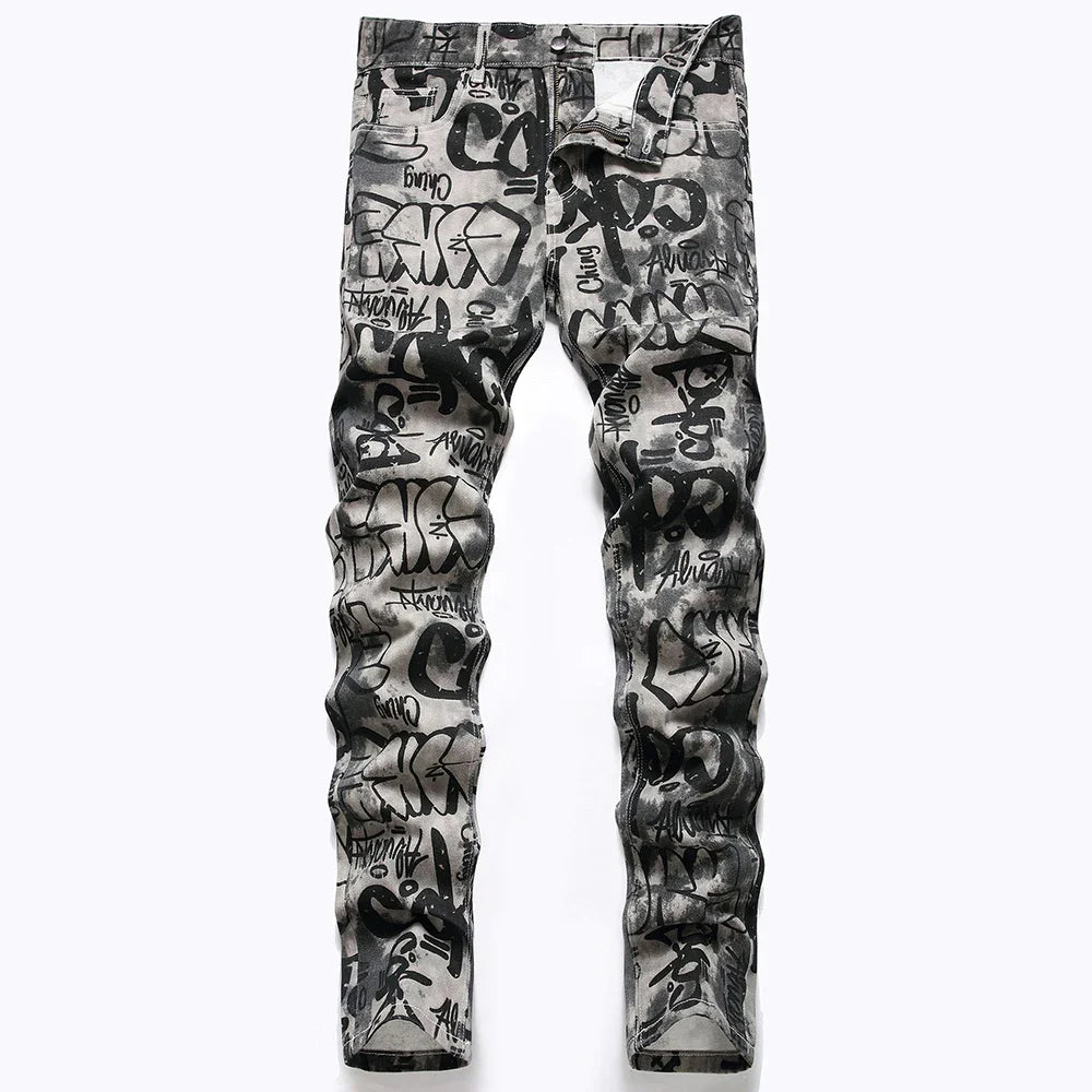 Men Graffiti Print Jeans Fashion Painted Stretch Cotton Denim Pants Slim Straight Trousers