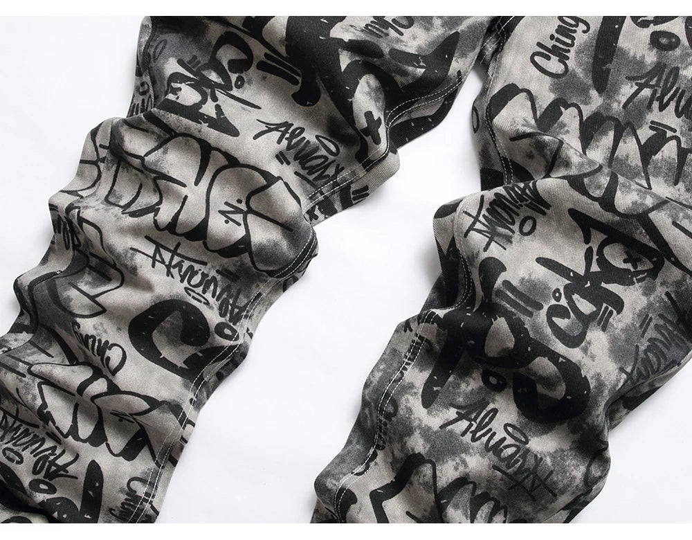 Men Graffiti Print Jeans Fashion Painted Stretch Cotton Denim Pants Slim Straight Trousers